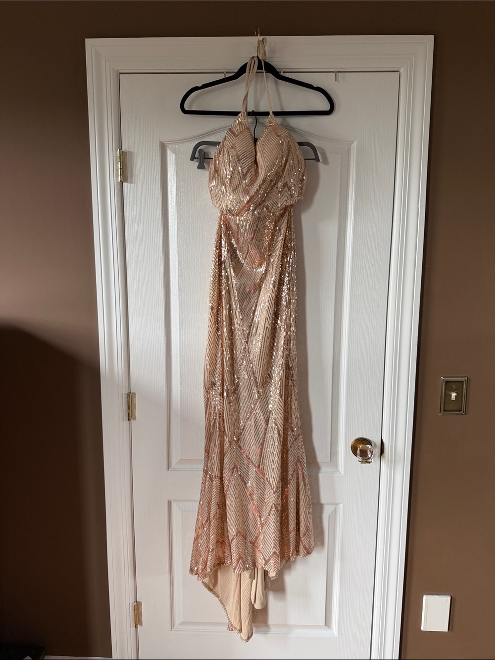 Sequin Halter Evening Gown in Rose Gold